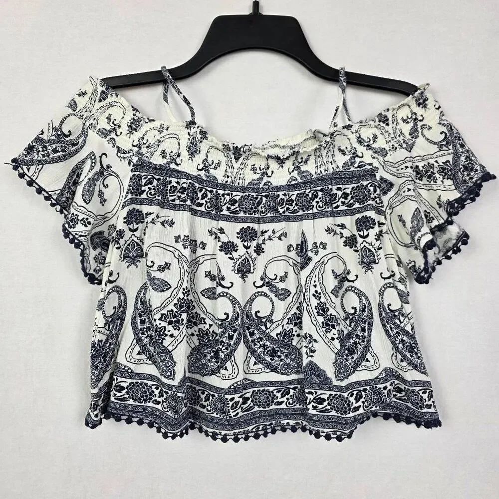 Charlotte Russe.Blue Paisley Off Shoulder Crop Top XS